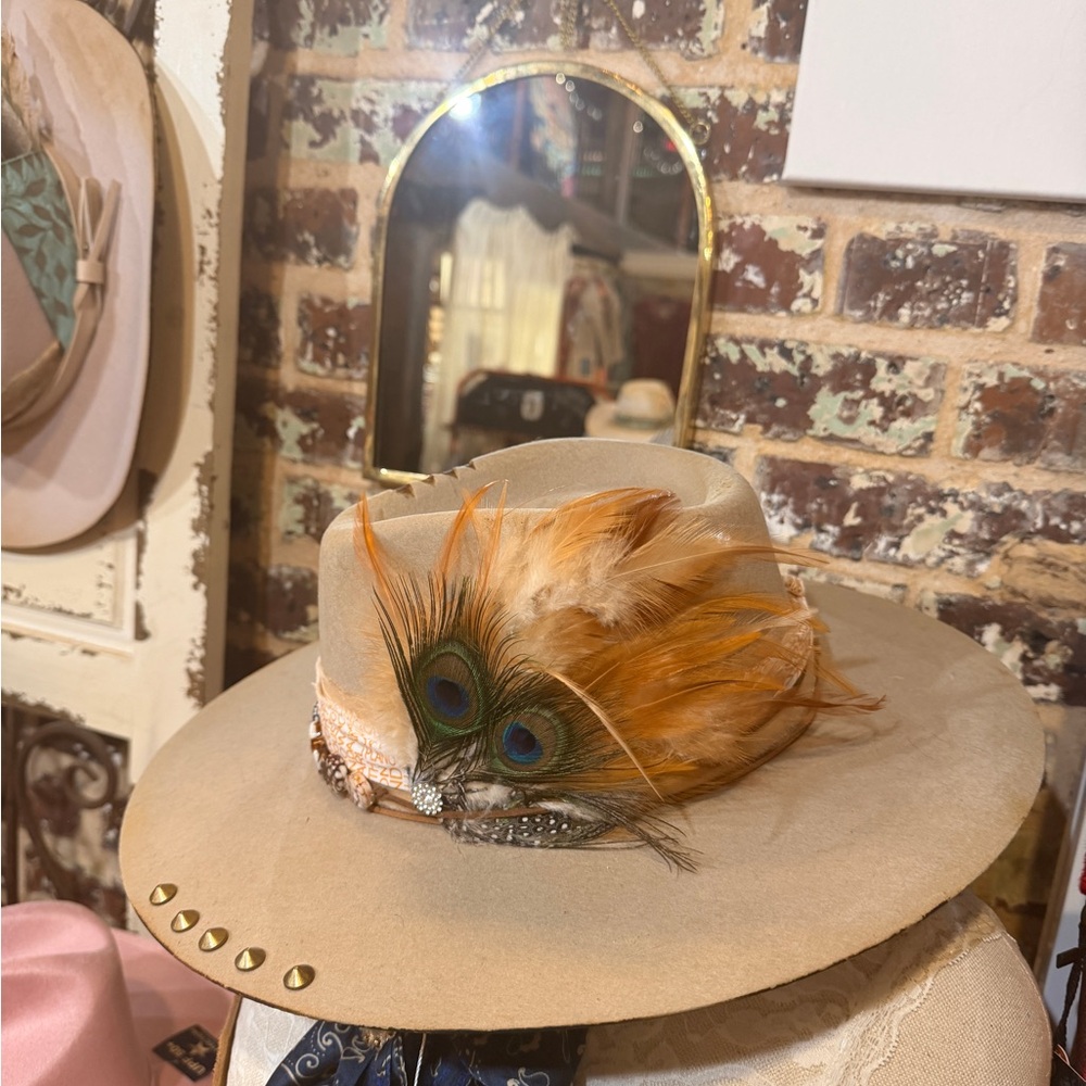 SOLD The Texan Wool Felt Hat Design Tan w/Peacock Feathers and Grommets